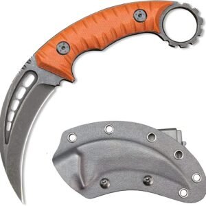 Karambit-Messer mit feststehender Klinge – Klauenmesser aus D2-Stahl mit G10-Griff und Scheide (Orange)