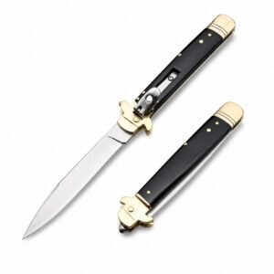 AKC Leverletto Messingschutz, seitlich öffnendes Messer aus schwarzem Horn